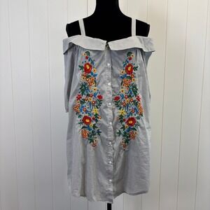 Womens Boho Floral Embroidered Striped Cold Shoulder Shirt Dress Size S Festival